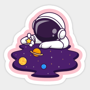 Cute Astronaut Playing Planet And Star In Space Cartoon Sticker